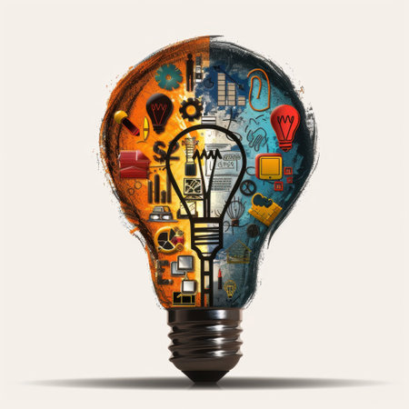 Creative illustration of a light bulb filled with gears and technology elements, blending bright and dark themes, representing innovation and idea visualization.の素材