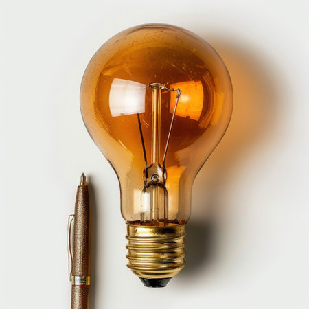 An artistic image of a vintage light bulb with a warm glow alongside a decorative pen on a neutral background, perfect for symbolizing creativity and innovative ideas.の素材