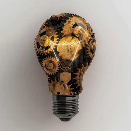 A striking visual representation of a light bulb intricately designed with gears and mechanical elements, symbolizing creativity and innovation in technology and engineering.の素材
