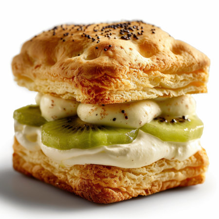Tempting layered dessert featuring a light pastry base, fresh kiwi slices, and a smooth cream filling, enhanced with a sprinkle of poppy seeds for flavor.の素材