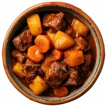 A delicious bowl of hearty beef stew featuring tender meat, carrots, and potatoes in rich gravy. Perfect for warming up during cold seasons or family gatherings.の素材