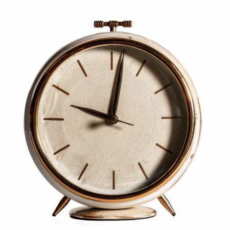 This charming vintage alarm clock features a beige face with brown accents, embodying classic aesthetic. Ideal for adding a touch of nostalgia to any setting.の素材