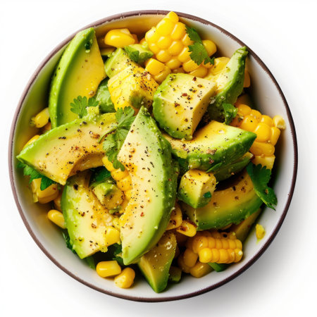 This vibrant avocado corn salad features fresh ingredients like avocado, sweet corn, and cilantro. Perfect for summer meals or healthy snacks, it offers a delightful taste.の素材