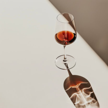This stunning image captures an elegant wine glass filled with rich red wine, artfully placed on a white surface. Soft sunlight enhances the sophisticated ambiance.の素材