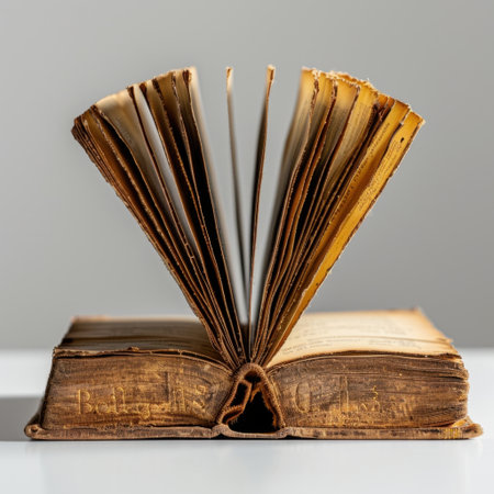 This image features an open antique book showcasing aged pages, reflecting a rich literary history in a minimalist setting, ideal for educational and artistic projects.の素材