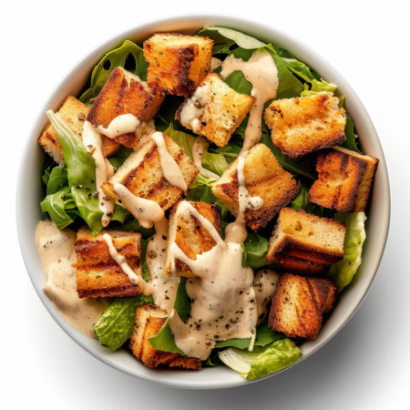 A vibrant Caesar salad featuring crisp romaine lettuce, crunchy croutons, and a rich creamy dressing, perfect for a fresh and satisfying meal or side dish.の素材