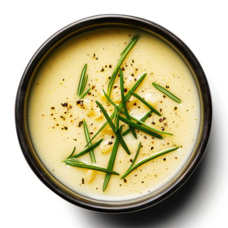 This image features a creamy yellow soup beautifully garnished with fresh chives and black pepper in a dark bowl, perfect for culinary inspiration and vibrant dining ideas.の素材
