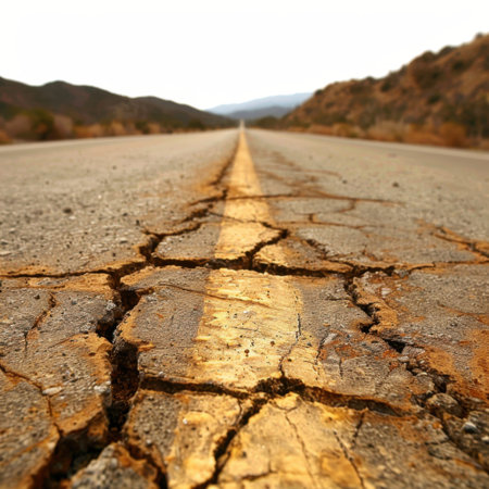 An expansive cracked road stretches through a sunlit desert landscape, delineated by a yellow center line, with distant mountains creating a rugged backdrop.の素材