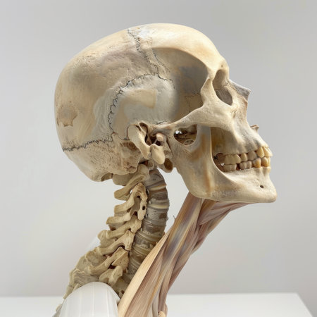 This lifelike human skull and neck anatomy model displays intricate details of bones and muscle attachments, serving as a valuable educational resource for students and professionals.の素材