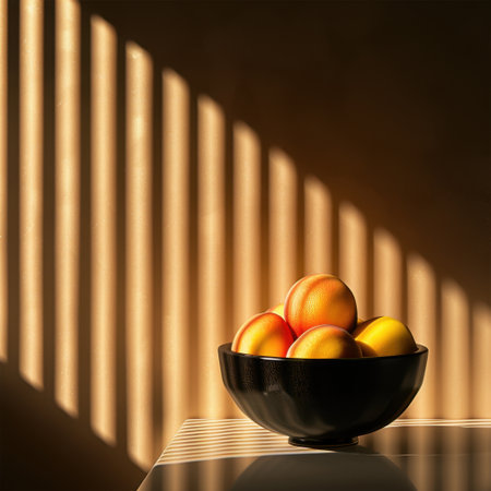 A visually appealing still life featuring a black bowl filled with fresh fruits, illuminated by natural light creating beautiful shadows on a warm background.の素材