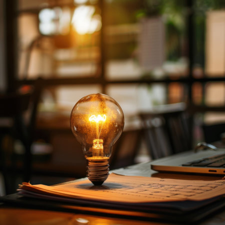 A vintage light bulb emits a warm glow, sitting on a wooden table beside notebook pages. The softly blurred background creates an inviting workspace atmosphere for inspiration.の素材