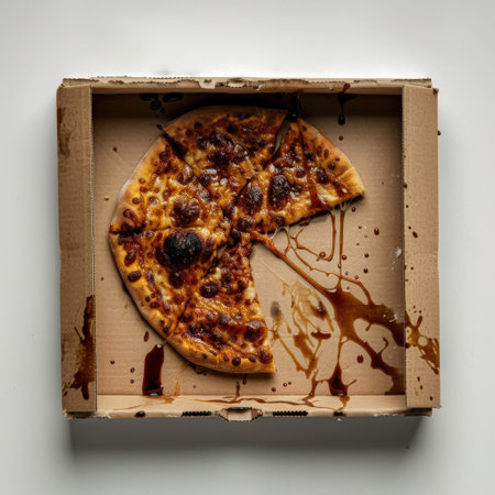 A close-up view of a pizza slice in a greasy cardboard box, showcasing melted cheese and toppings, perfect for depicting leftover meals and food waste scenarios.の素材
