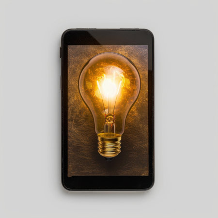 A striking image featuring a glowing light bulb displayed on a smartphone, symbolizing innovation and creativity within modern technology and digital artistry.の素材
