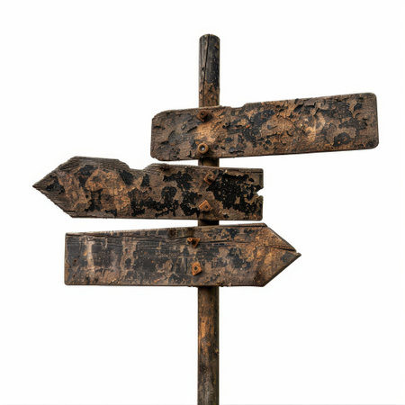 A rustic, weathered wooden signpost featuring multiple arrows pointing in various directions, ideal for concepts related to travel, guidance, and exploration.の素材