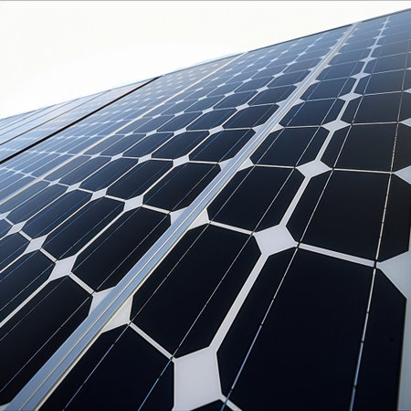A close-up view of solar panels showcases the sleek design and geometric patterns, emphasizing the importance of renewable energy and sustainable technology in modern society.の素材