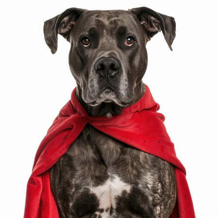 This striking image features a dog donned in a bright red cape, exuding an aura of courage and charm. Perfect for pet lovers and promotional content.の素材