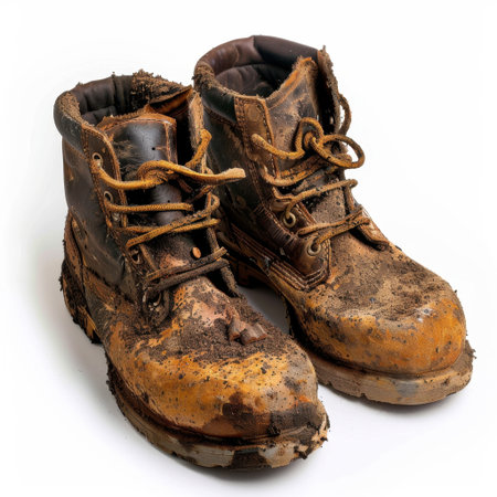 A pair of muddy and worn work boots, showcasing significant dirt and wear. Ideal for representing outdoor labor, rugged terrain, and weathered fashion choices.の素材