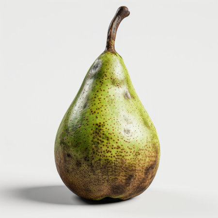 This image features a fresh green pear showcasing unique textures and color variations on a white background ideal for food and culinary photography projects.の素材