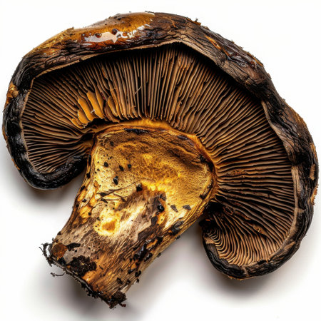 A striking close-up of a burnt mushroom cap, revealing unique textures and details. Perfect for food photography or culinary art, emphasizing natural beauty and organic produce.の素材