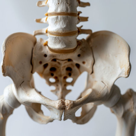 This image showcases a detailed view of the human pelvis bone structure, highlighting its unique anatomical features and sutures. Ideal for educational uses, it aids in understanding skeletal anatomy.の素材