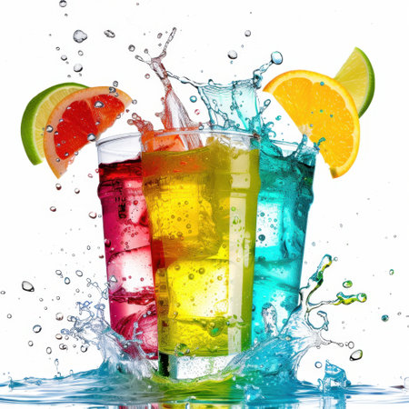 Enjoy a vibrant display of colorful drinks splashing in high-speed action, adorned with fresh citrus fruits, perfect for summer refreshment and joy.の素材