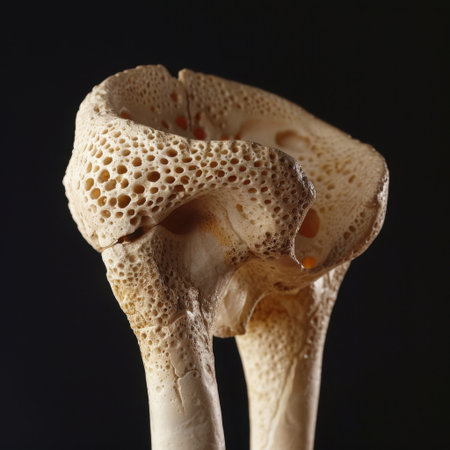 This striking image showcases the intricate structure of a bone, highlighting its unique porous texture and detailed surface patterns against a stark dark background.の素材