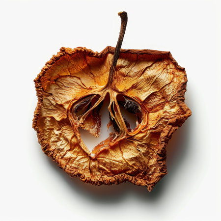 Close-up view of a dried apple slice showcasing its unique texture and intricate patterns. Ideal for culinary themes, healthy eating, and food styling.の素材