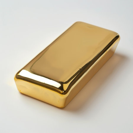 A stunning gold bar glistens on a pristine white background, symbolizing wealth and investment. Ideal for themes of luxury, finance, and opulence in design projects.の素材