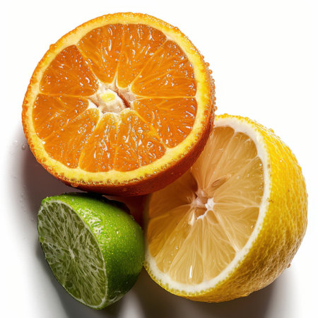 A vibrant display of fresh citrus fruits including orange, lemon, and lime, perfect for promoting healthy eating, cooking ideas, and refreshing beverages.の素材