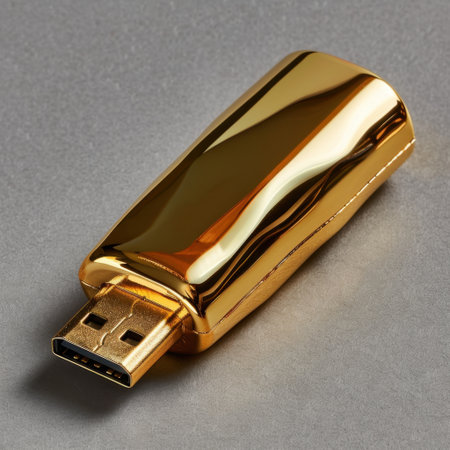 A stunning golden USB drive sits on a smooth gray surface, showcasing its sleek design and reflective surface, perfect for technology and business themes.の素材