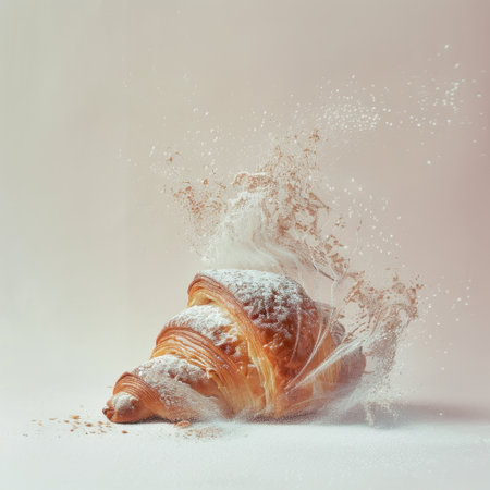 A beautifully crafted flaky croissant dusted with powdered sugar creates a stunning visual effect, surrounded by a cloud of flour on a soft pastel backdrop. Perfect for food-themed projects.の素材