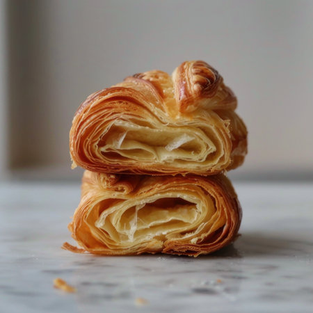 A close-up view of two beautifully arranged croissant pastries showcasing their flaky layers and golden texture on a white marble surface, perfect for food lovers.の素材