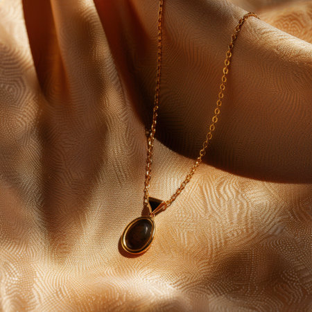 This stunning gold pendant necklace featuring a brown gemstone rests gracefully on delicate silk fabric, evoking elegance and luxury, ideal for fashion enthusiasts.の素材
