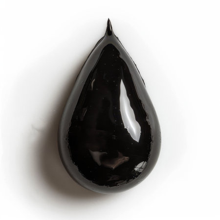 A striking image of a glossy black paint droplet isolated on a clean white background, showcasing the beauty of fluidity and texture in artistic creations.の素材