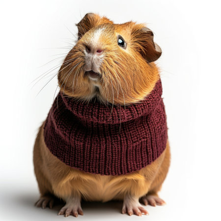 This charming guinea pig, dressed in a cozy knit sweater, displays a curious expression against a pristine white backdrop, perfect for pet-themed content.の素材