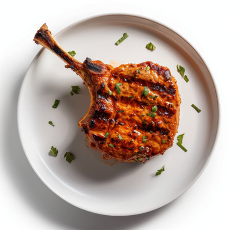 A beautifully presented grilled meat chop garnished with fresh herbs, showcasing rich flavors and textures ideal for food lovers and culinary enthusiasts.の素材
