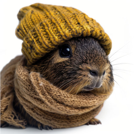 This delightful close-up image features a charming guinea pig dressed in a cozy knitted hat and scarf, embodying warmth and playfulness ideal for pet lovers.の素材
