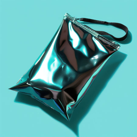 This striking metallic snack bag features a lustrous reflective surface set against a vibrant turquoise background. Ideal for food packaging visuals and modern marketing.の素材