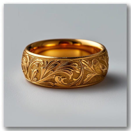 This stunning gold ring features exquisite floral engravings, making it a refined choice for weddings, anniversaries, or special moments, highlighting elegance and beauty.の素材