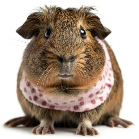 This delightful image features a guinea pig wearing a pink polka dot scarf, showcasing its charming expression in a close-up portrait. Perfect for animal lovers.の素材