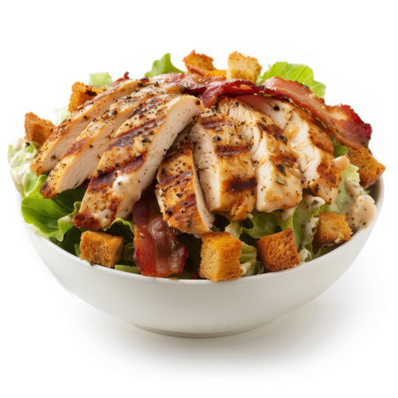 A vibrant grilled chicken salad featuring tender chicken slices, crispy bacon, crunchy croutons, and fresh greens, perfect for a healthy meal or snack option.の素材