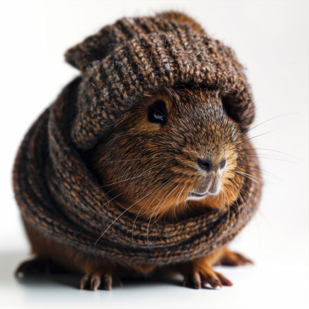 This charming small rodent is dressed in a cozy knitted hat and scarf, showcasing its playful personality against a soft neutral background, perfect for seasonal themes.の素材