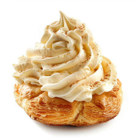 A scrumptious pastry topped with smooth whipped cream and a hint of chocolate sprinkles, perfect for dessert lovers seeking indulgence and flavor.の素材