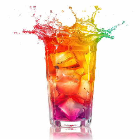 A refreshing drink bursts into color, showcasing a vibrant splash and glistening ice cubes. Perfect for summer gatherings and festive occasions.の素材