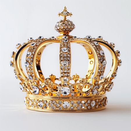A stunning gold crown adorned with sparkling crystals, perfect for royalty and celebration. This exquisite piece embodies luxury and elegance, ideal for fashion photography.の素材