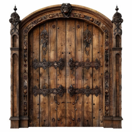 This ornate wooden door features intricate ironwork and detailed carvings, showcasing remarkable craftsmanship that captivates the viewer and enhances architectural beauty.の素材