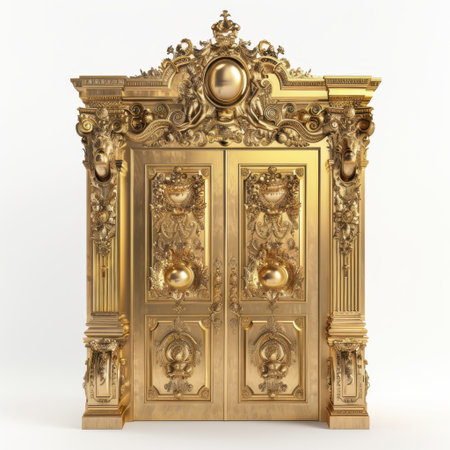 This ornate vintage cabinet in rich gold showcases intricate detailing, perfect for adding a touch of luxury to any elegant interior design or classic decor.の素材