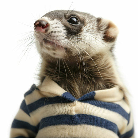 This charming ferret in a striped sweater brings a smile with its cute expression. A delightful image showcasing the playful nature and unique personality of pets.の素材