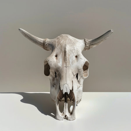 Captivating image of a natural animal skull displayed against a plain backdrop, ideal for educational, artistic, or decorative projects highlighting anatomy and nature.の素材