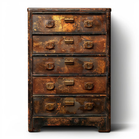 This vintage wooden chest of drawers features a stunning patina and intricate brass hardware, ideal for adding rustic charm and character to any interior space.の素材